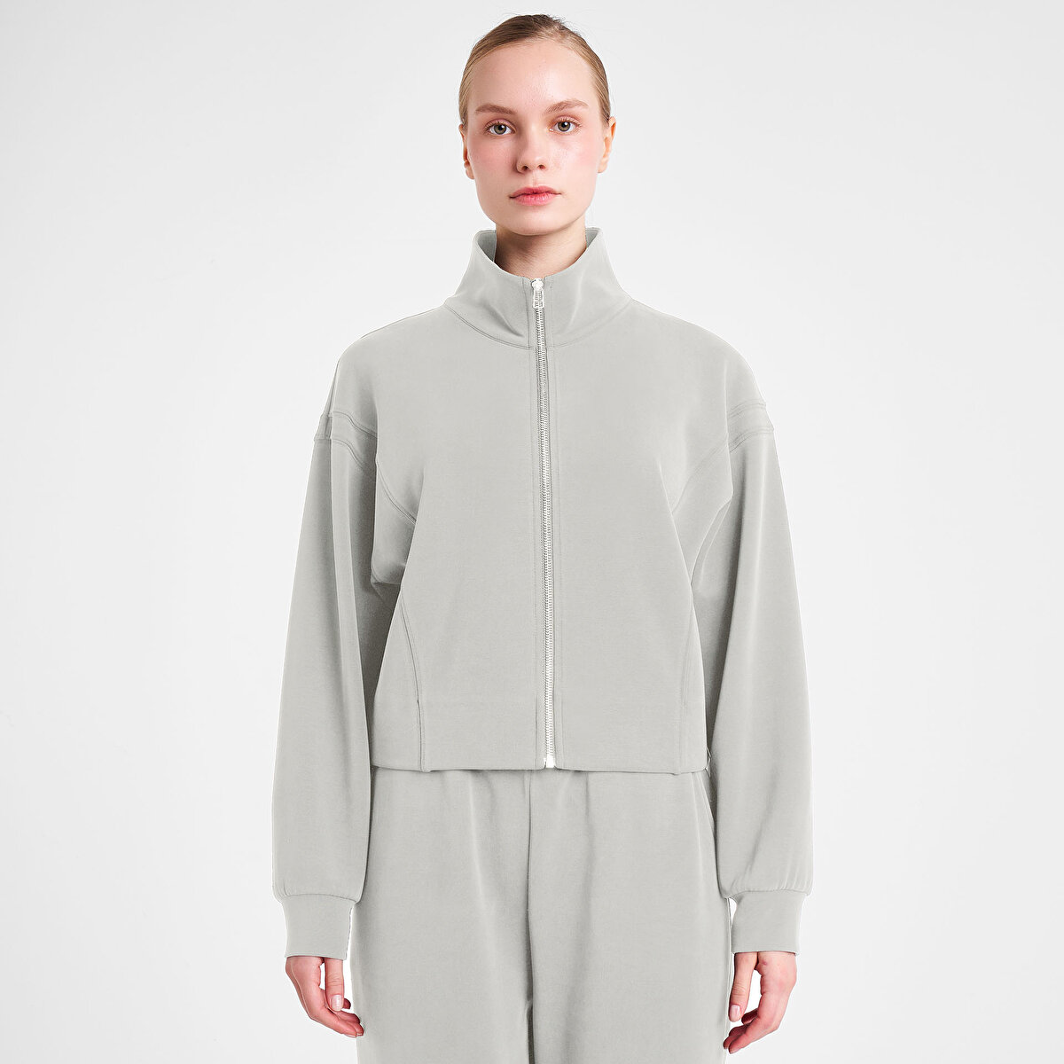 Kadın Ekru Fermuarlı Sweatshirt | Lescon