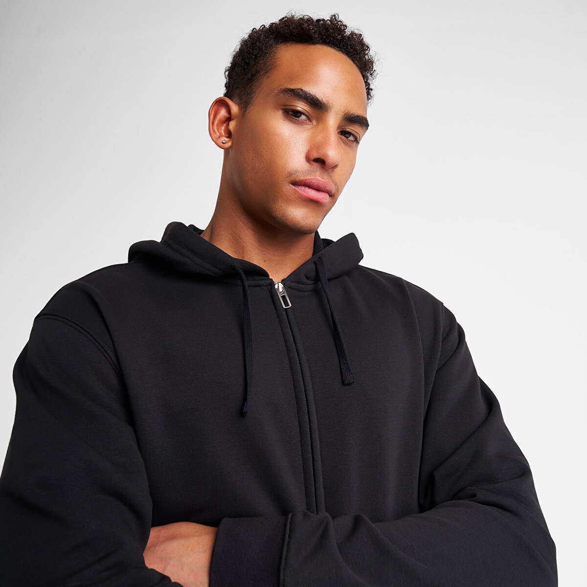 Erkek Siyah Fermuarlı Kapüşonlu Sweatshirt 25S-1263 | Lescon