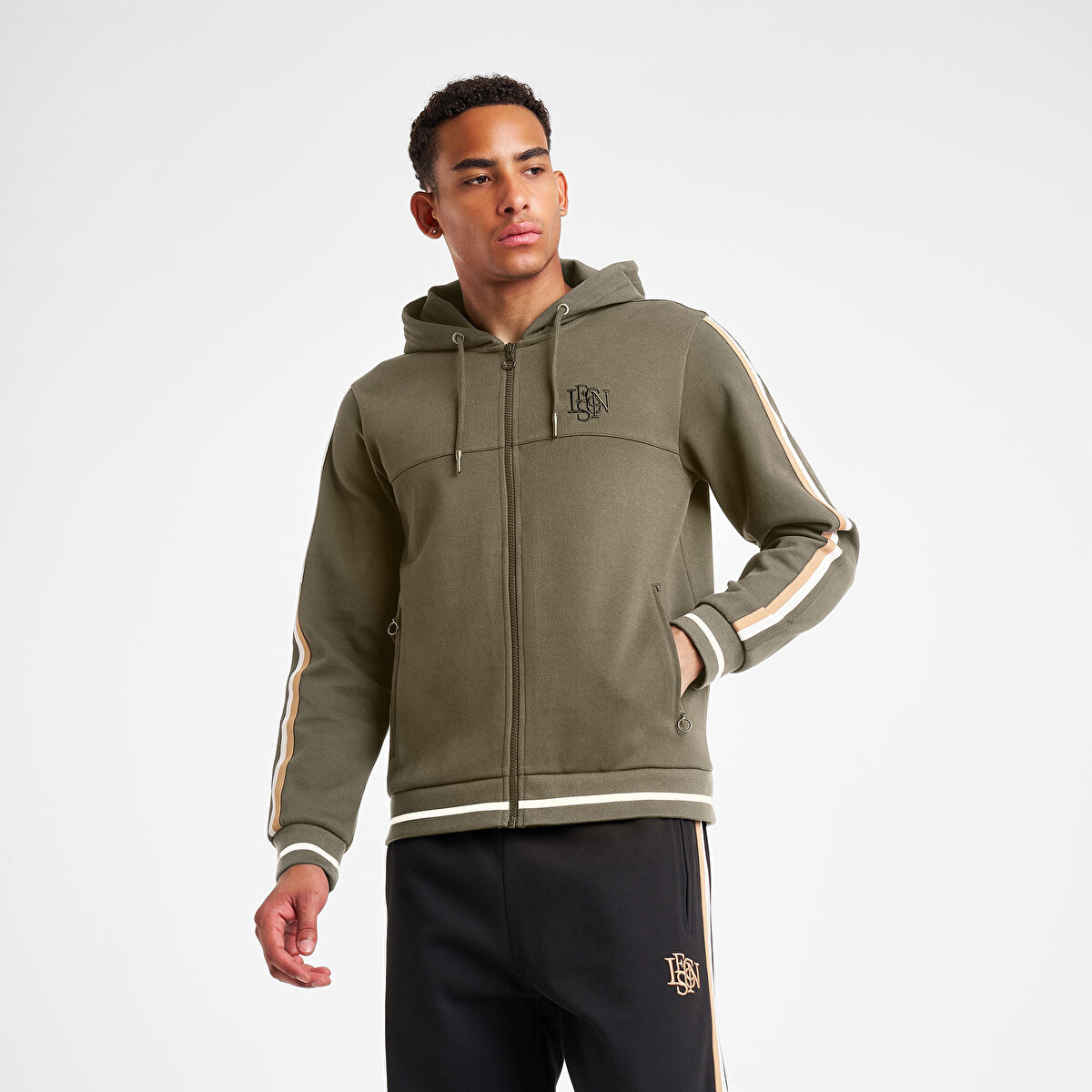 Erkek Haki Fermuarlı Kapüşonlu Sweatshirt 25N-1130 | Lescon