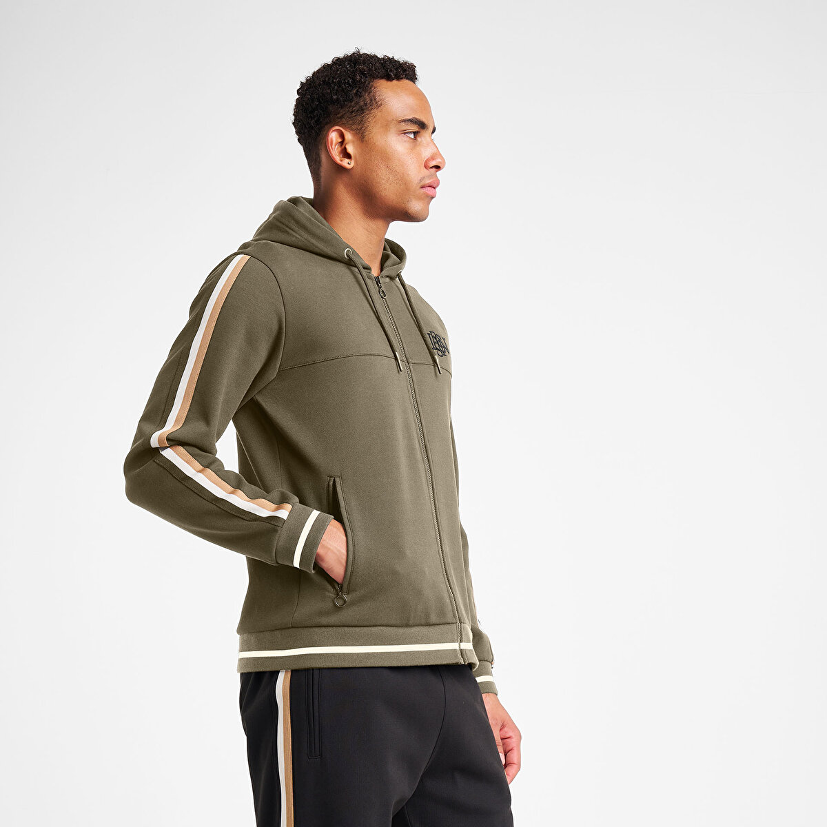 Erkek Haki Fermuarlı Kapüşonlu Sweatshirt 25N-1130 | Lescon
