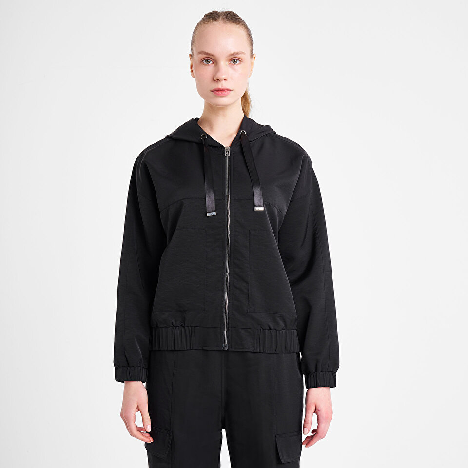 Kadın Siyah Fermuarlı Kapüşonlu Sweatshirt 25N-2146 | Lescon